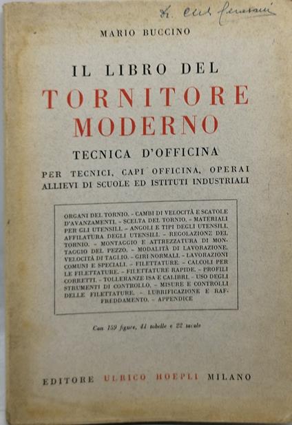 il libro del tornitore mderno tecnica d'officina hoepli - copertina