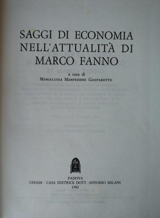 Saggi Di Economia Nell'Attualità Di Marco Fanno - Gasparetto Marialuisa Manfredini - copertina