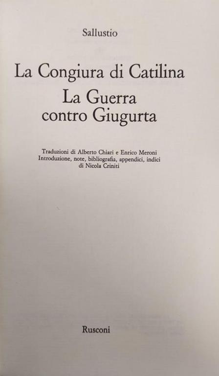 La Congiura Di Catilina. La Guerra Contro Giugurta - C. Crispo Sallustio - copertina