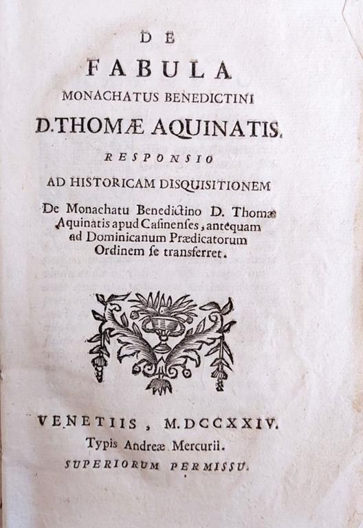 De Fabula Monachatus Benedictini D. Thomae Aquinatis - De Monachatu Benedictino - copertina