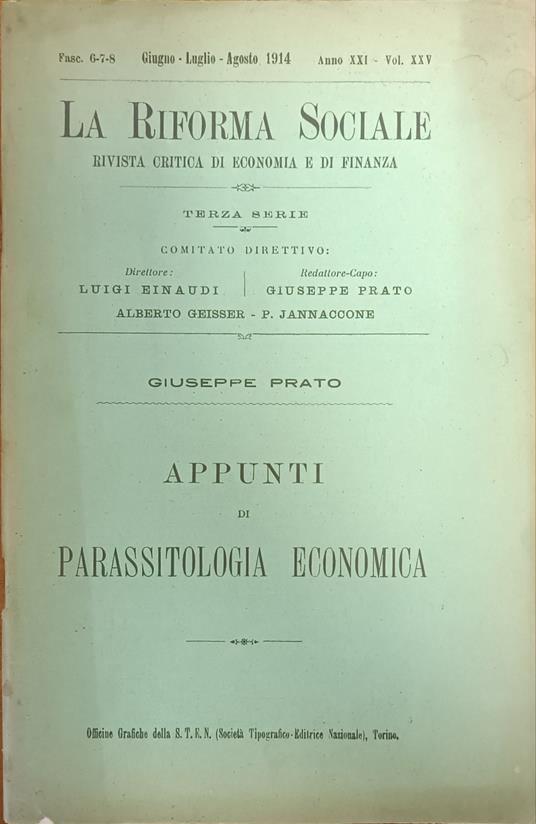 La Riforma Sociale. Appunti Di Parassitologia Economica - Giuseppe Prato - copertina