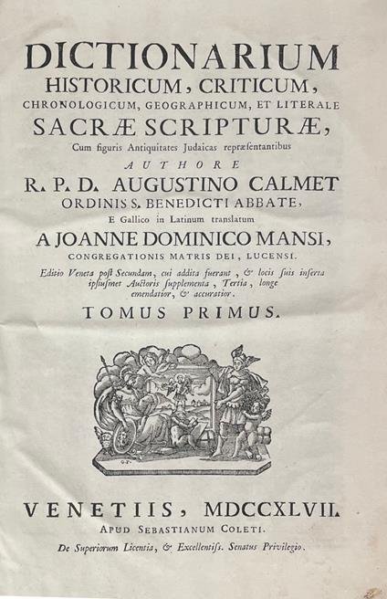 Dictionarium Historicum, Criticum, Chronologicum, Geographicum, Et Literale Sacrae Scripturae, Cum Figuris Antiquitates Judaicas Repraesentantibus - copertina