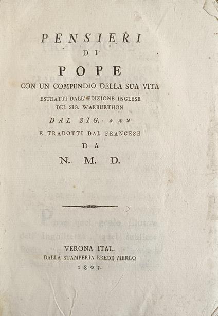 Pensieri Di Pope Con Un Compendio Della Sua Vita Estratti Dall'Edizione Inglese Del Sig. Warburthon - copertina