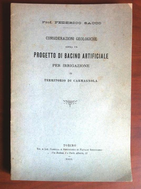 Progetto di bacino artificiale per irrigazione in Carmagnola Sacco 1903 - E14592 - copertina