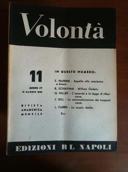 Volontà n° 11 Anno IV 15 Maggio 1950 Rivista Anarchica Mensile E15592 - copertina