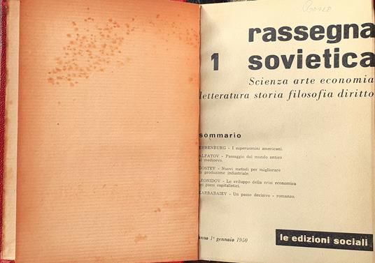 Rassegna sovietica. Mensile di scienza arte economia letteratura storia filosofia diritto (anno 1°, nn. 1-8, gennaio-dicembre 1950) - copertina