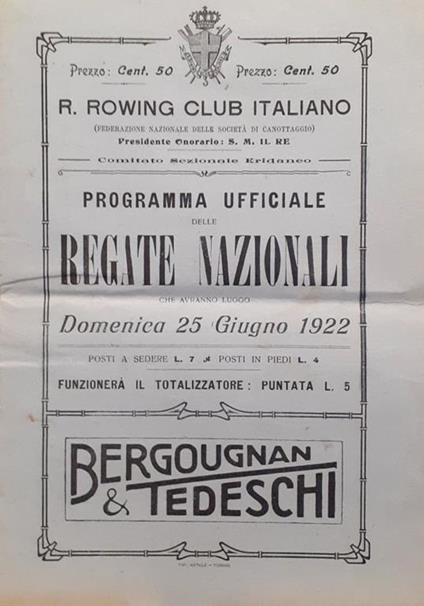 Programma Ufficiale regate Nazionali Torino 25 giugno 1922 - copertina
