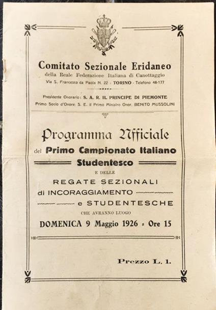 Programma Primo Campionato Italiano Studentesco Canottaggio Torino 1926 - copertina