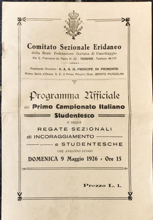 Programma Primo Campionato Italiano Studentesco Canottaggio Torino 1926 - copertina