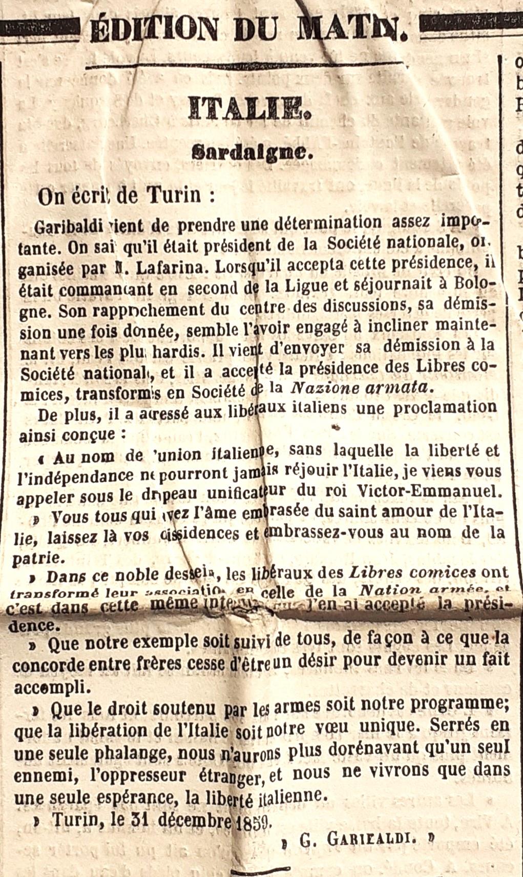 Sette numeri del giornale Le Nord international pre Unità d'Italia con articoli inerenti 1860