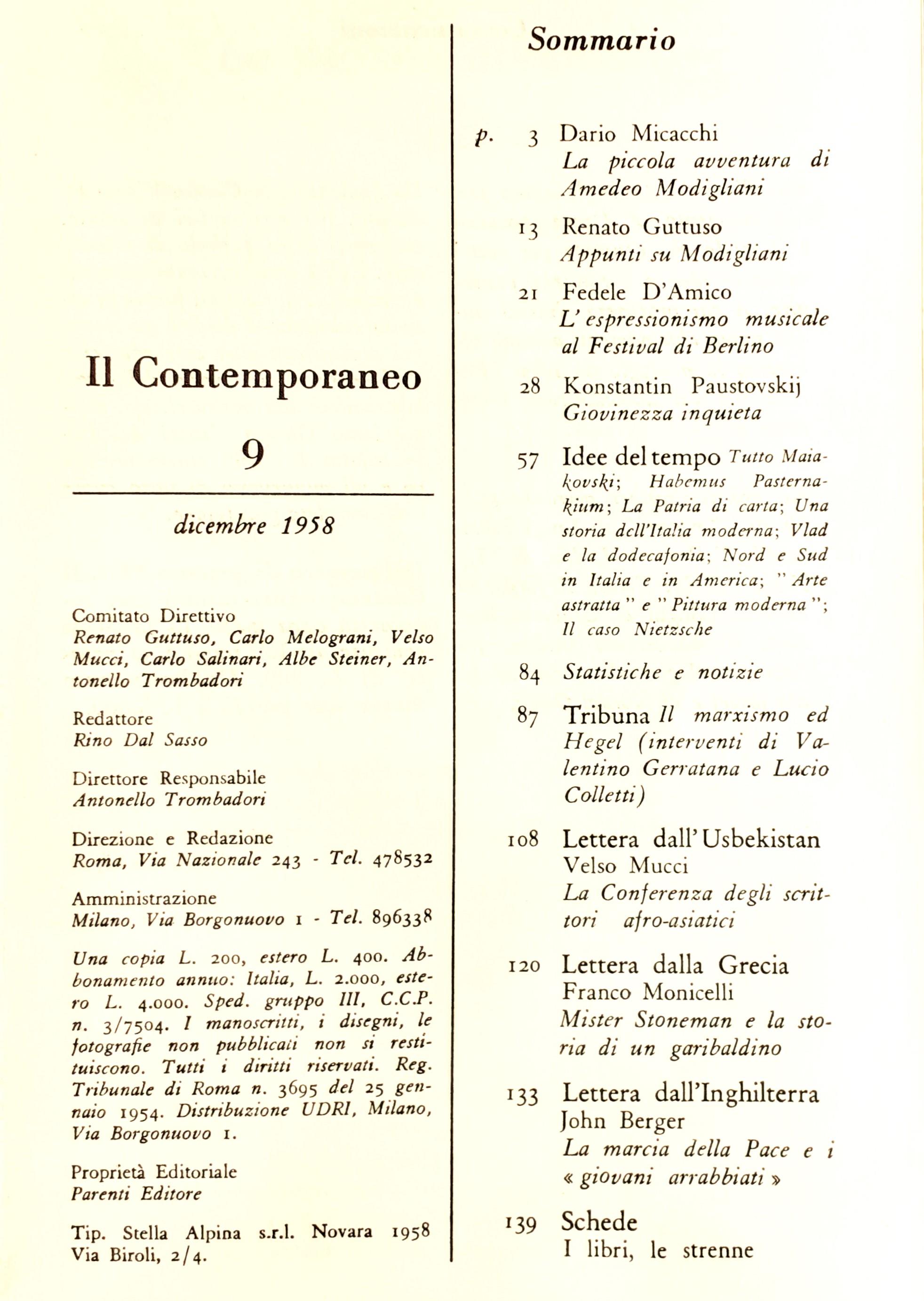 Il Contemporaneo anno I numero 9 dicembre 1958
