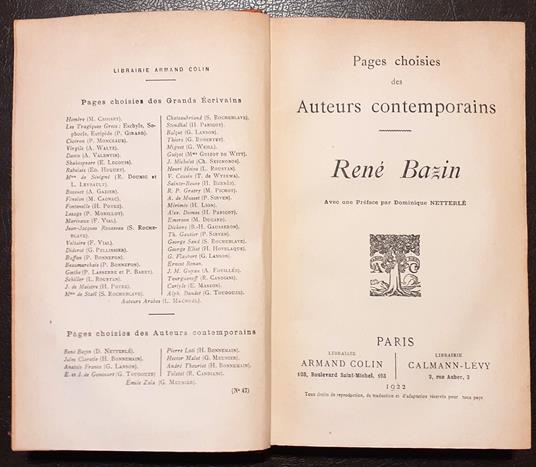 Pages choisies Auteurs Contemporains René Bazin 1922 - René Bazin - copertina