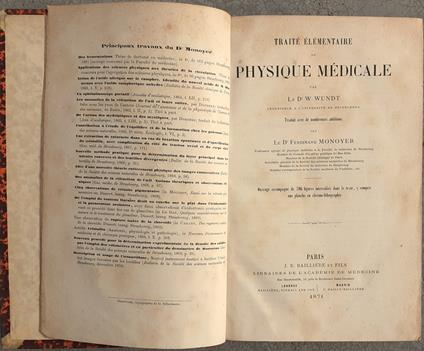 Dr. W. Wundt Traité élémentaire PHYSIQUE Médicale Paris 1871 - copertina
