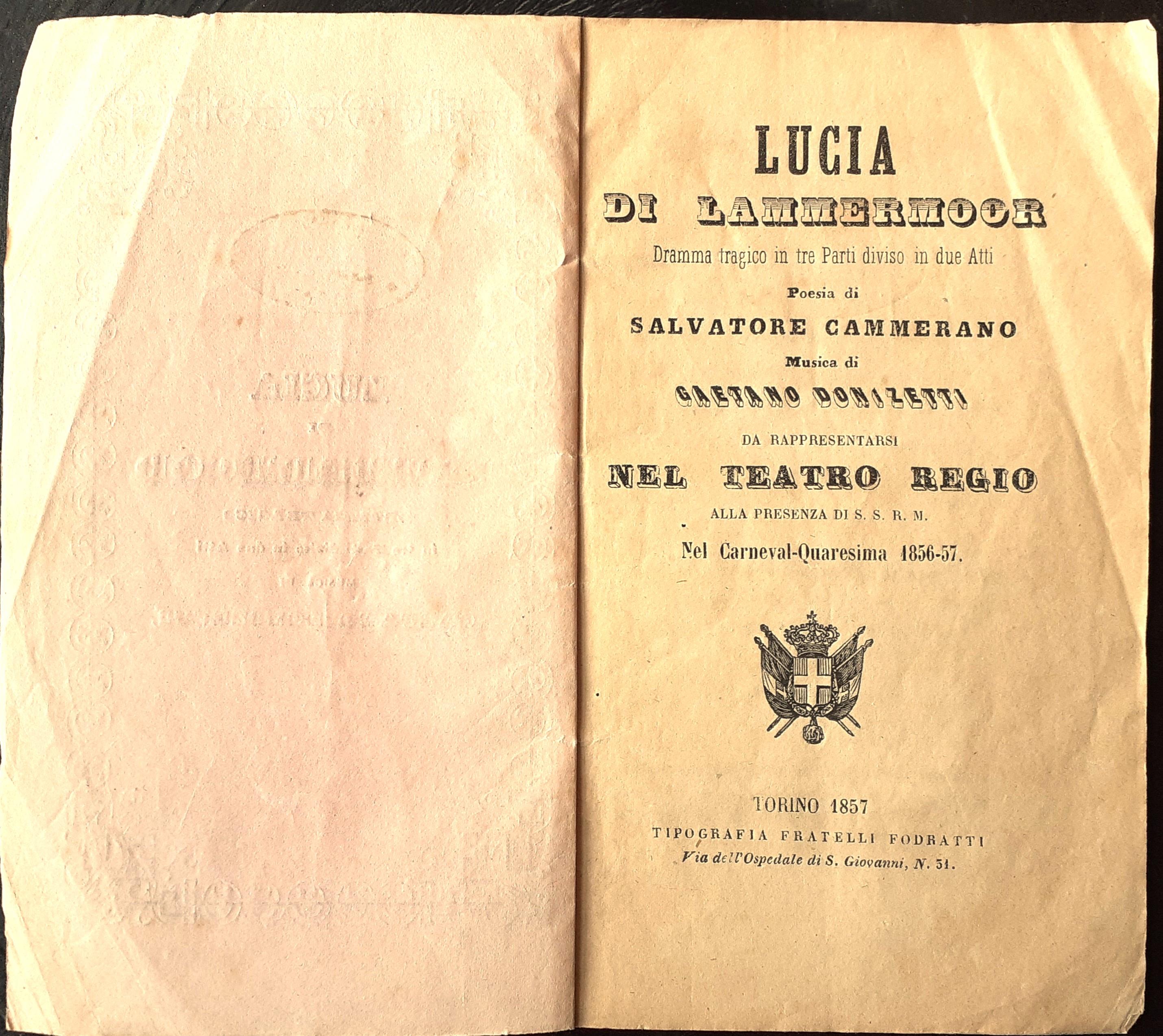 Libretto d'0pera Lucia di Lammermoor Teatro Regio Torino 1856/57