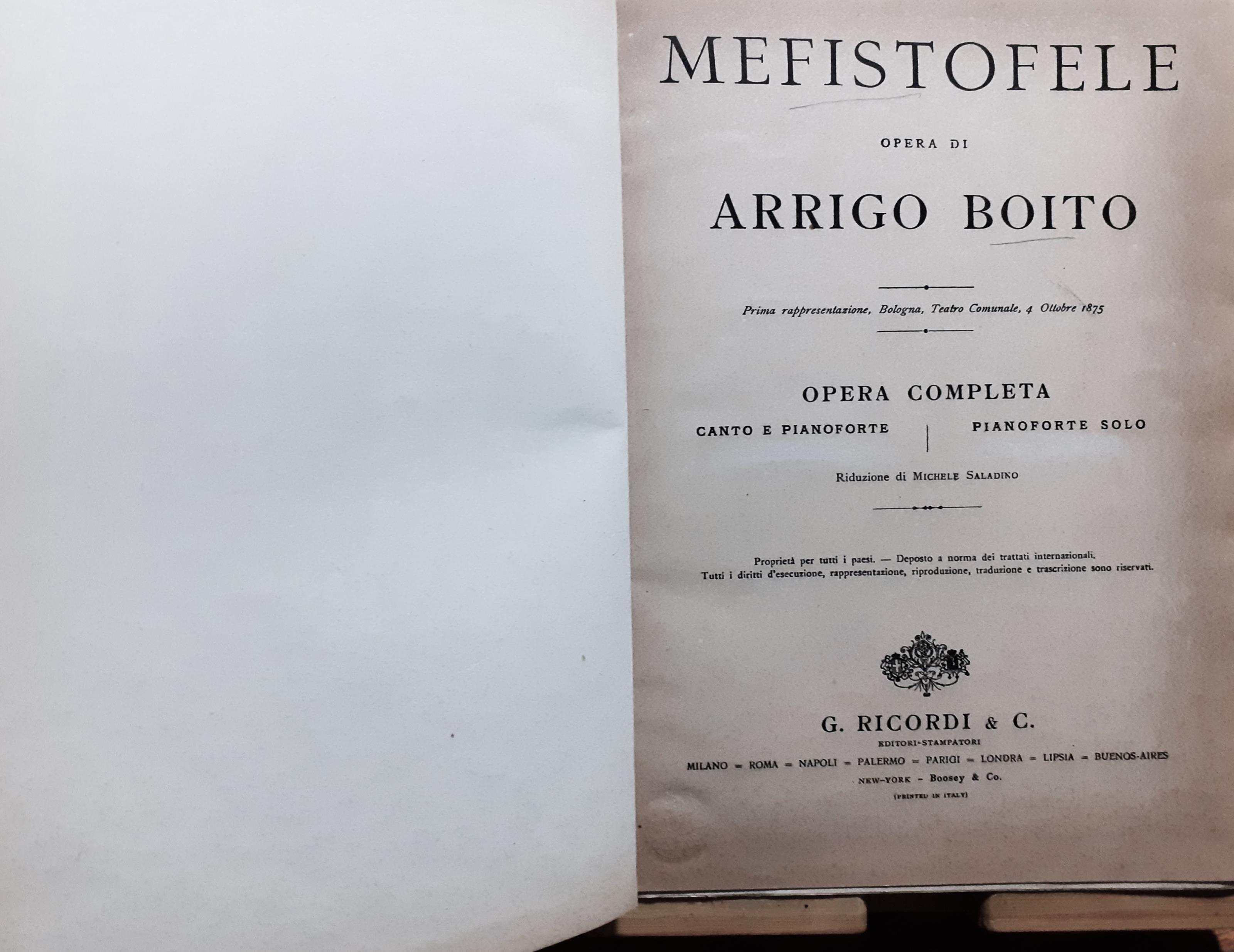 A. Boito Mefistofele Opera completa Canto e Pianoforte Rilegato G. Ricordi 1908