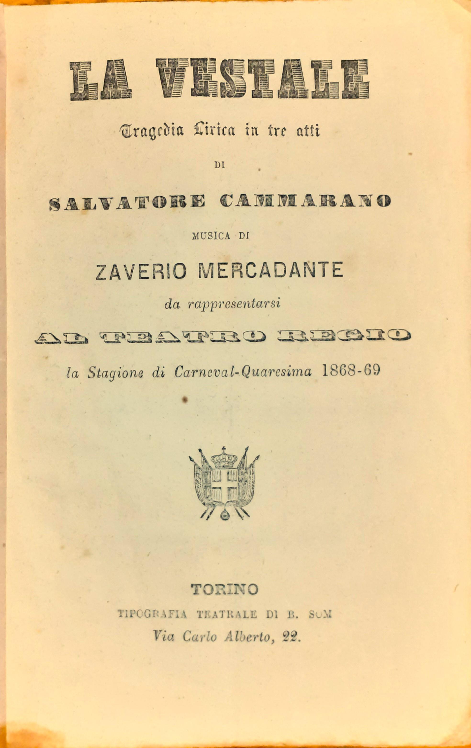 Libretto d'Opera La Vestale Musica di Zaverio Mercadante Teatro Regio Torino 1868-69