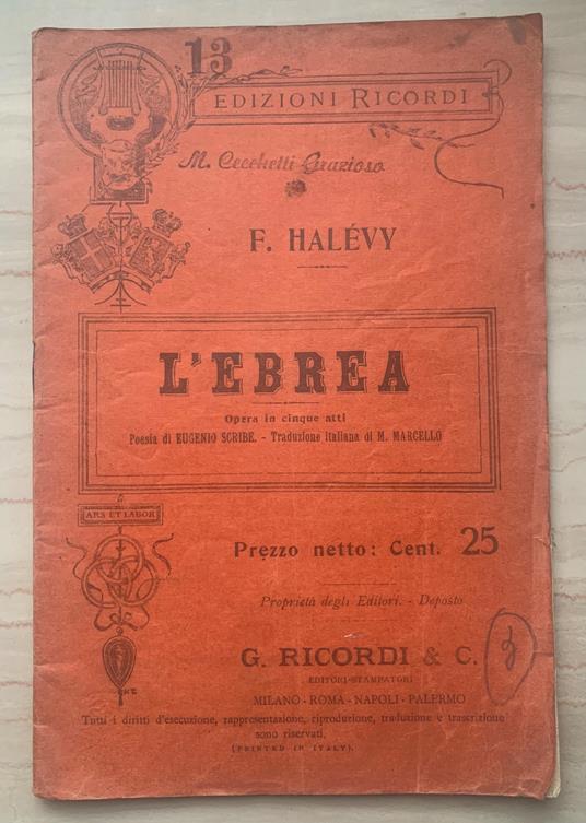 L' ebrea. Opera in cinque atti - copertina