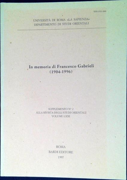 In memoria di Francesco Gabrieli (1904-1996), Supplemento n. 2 alla Rivista degli Studi Orientali - copertina
