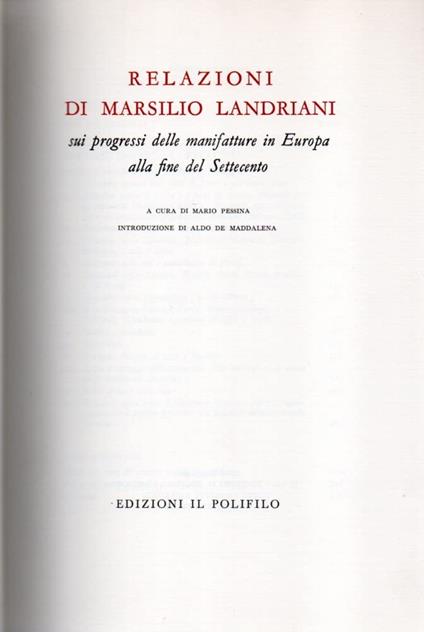 Relazioni sui progressi delle manifatture in Europa alla fine del Settecento - Marsilio Landriani - copertina
