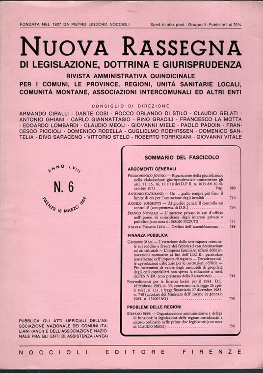 Nuova Rassegna Di Legislazione, Dottrina E Giurisprudenza N. 6 Del 1984 Rivista Amministrativa Quindicinale - copertina
