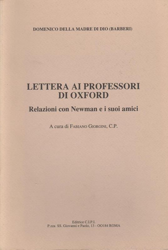 LETTERA AI PROFESSORI DI OXFORD Relazioni con Newman e i suoi amici - copertina