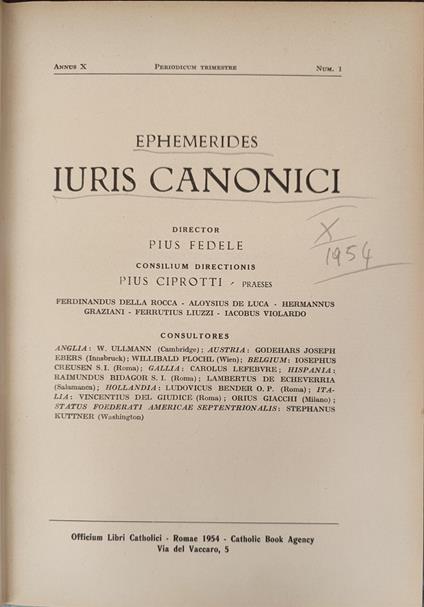 Ephemerides iuris canonici. X 1954 - copertina