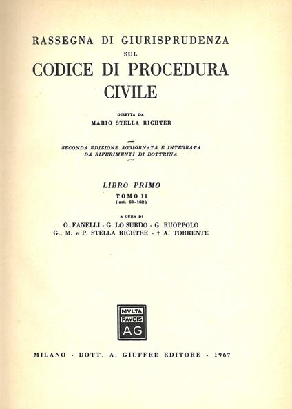 RASSEGNA DI GIURISPRUDENZA SUL CODICE CIVILE - LIBRO I TOMO II (art. 69-162) - Mario Stella Richter - copertina