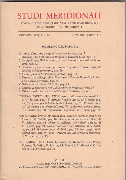 Studi meridionali. Anno 1982. Annata completa - copertina