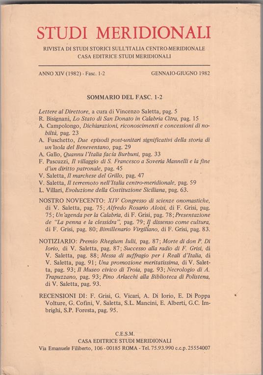 Studi meridionali. Anno 1982. Annata completa - copertina