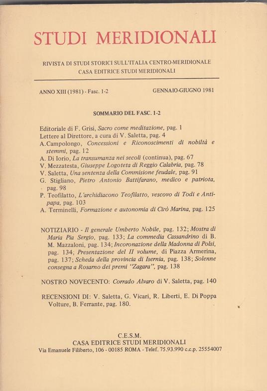 Studi meridionali. Anno 1981. Annata completa - copertina