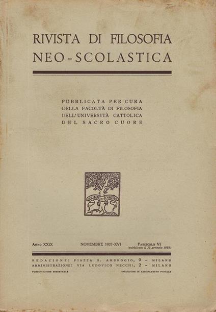 Rivista di filosofia neo-scolastica anno XXIX, fascicolo 6, novembre 1937 - copertina