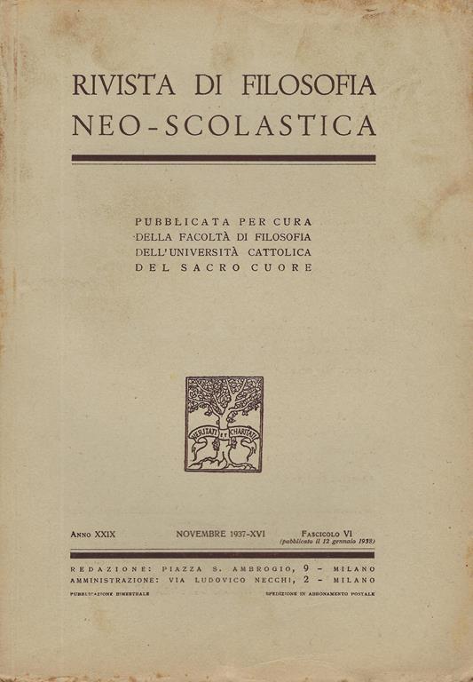 Rivista di filosofia neo-scolastica anno XXIX, fascicolo 6, novembre 1937 - copertina