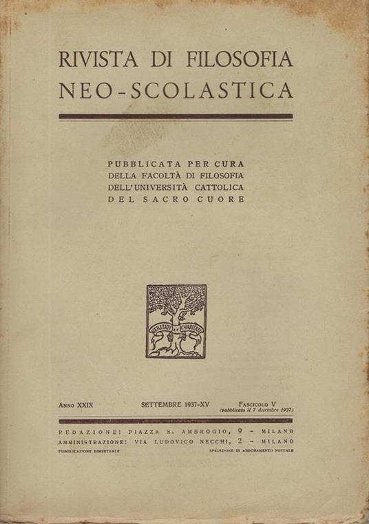Rivista di filosofia neo-scolastica anno XXIX, fascicolo 5, settembre 1937 - copertina
