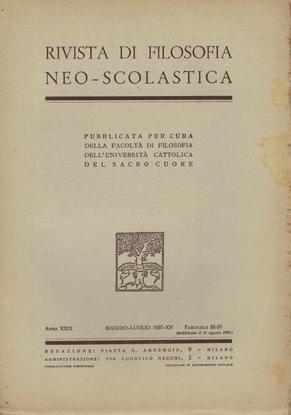 Rivista di filosofia neo-scolastica anno XXIX, fascicolo 3-4, maggio-luglio 1937 - copertina