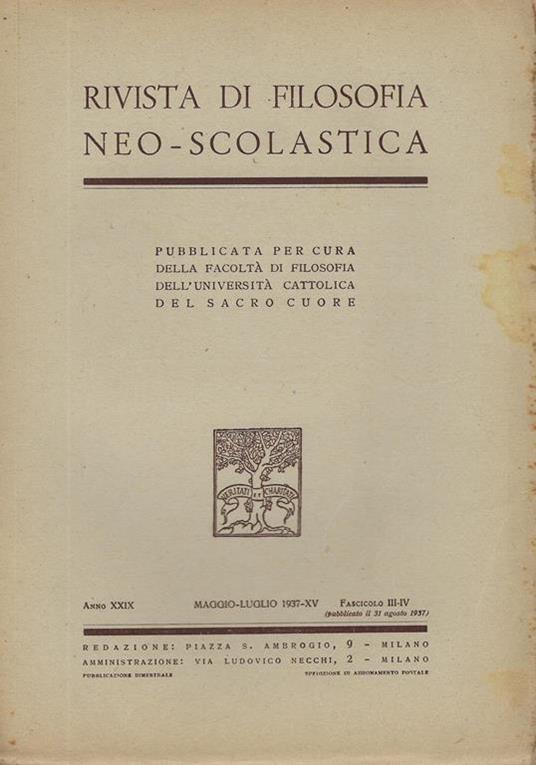 Rivista di filosofia neo-scolastica anno XXIX, fascicolo 3-4, maggio-luglio 1937 - copertina
