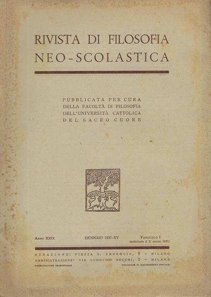 Rivista di filosofia neo-scolastica anno XXIX, fascicolo 1, gennaio 1937 - copertina