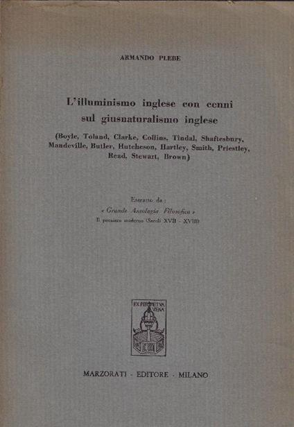 L' illuminismo inglese con cenni sul giusnaturalismo inglese - Armando Plebe - copertina