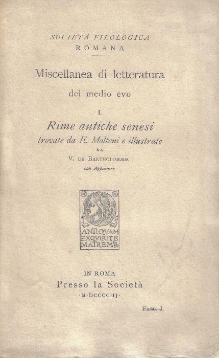 Rime antiche senesi trovate da E: Molteni e illustrate da V. de Bartholomaeis - copertina