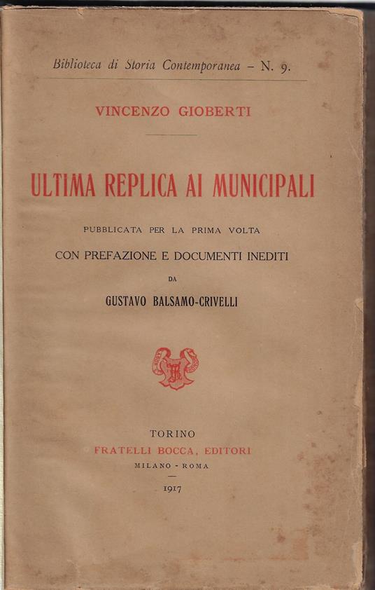 Ultima replica ai municipali - Vincenzo Gioberti - copertina