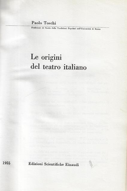 Le origini del teatro italiano - Paolo Toschi - copertina