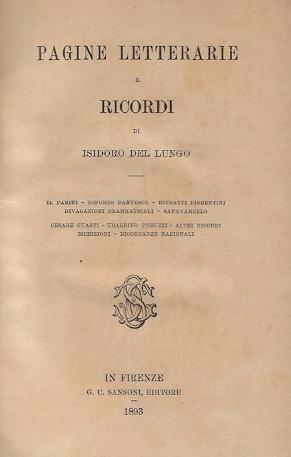 Pagine letterarie e ricordi - Isidoro Del Lungo - copertina