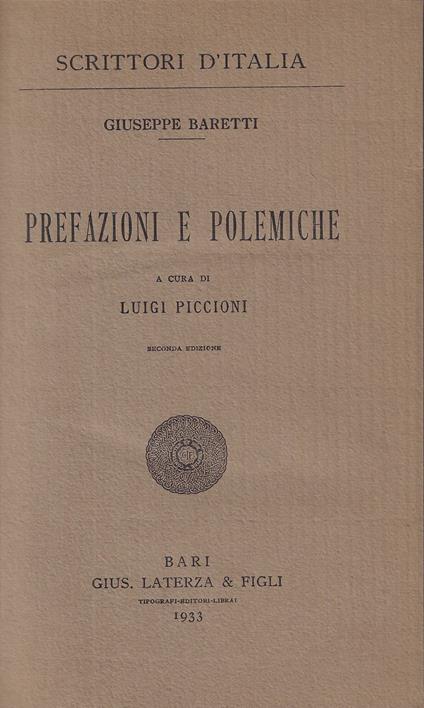 Prefazioni e polemiche - Giuseppe Baretti - copertina