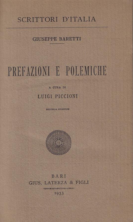 Prefazioni e polemiche - Giuseppe Baretti - copertina