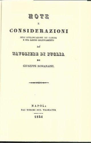 Note e considerazioni sull'affrancamento de canoni e sul libero coltivamento del Tavoliere delle Puglie - copertina