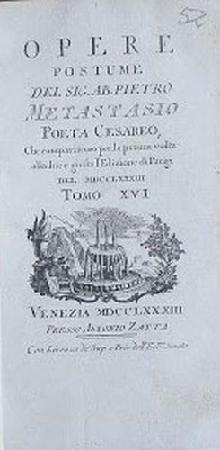 Opere postume del sig. Ab. Pietro Metastasio Poeta Cesareo. Tomo XVI - Pietro Metastasio - copertina