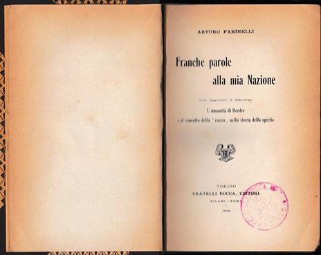 Franche parole alla mia Nazione (in otto capitoli) - Arturo Farinelli - copertina
