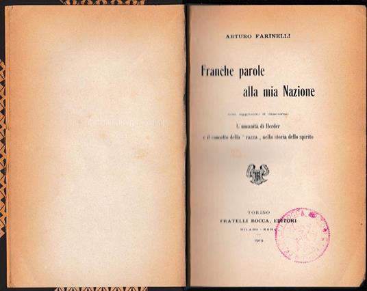 Franche parole alla mia Nazione (in otto capitoli) - Arturo Farinelli - copertina