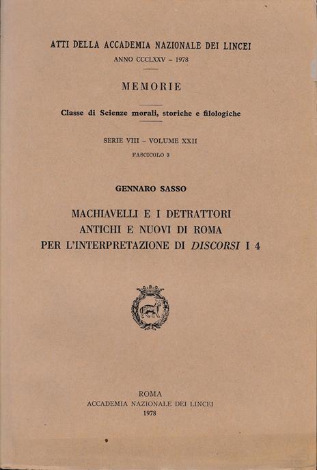 Atti della Accademia Nazionale dei Lincei anno CCCLXXV - 1978. Memorie. Seria VIII - vol. XXII - fasc. 3 - Gennaro Sasso - copertina