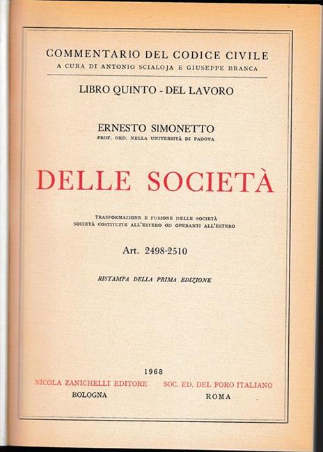 Delle Società. Art. 2498-2510 - Ernesto Simonetto - copertina