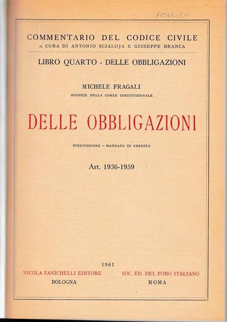 Libro quarto - Delle obbligazioni. Art. 1936-1959 - Michele Fragali - copertina